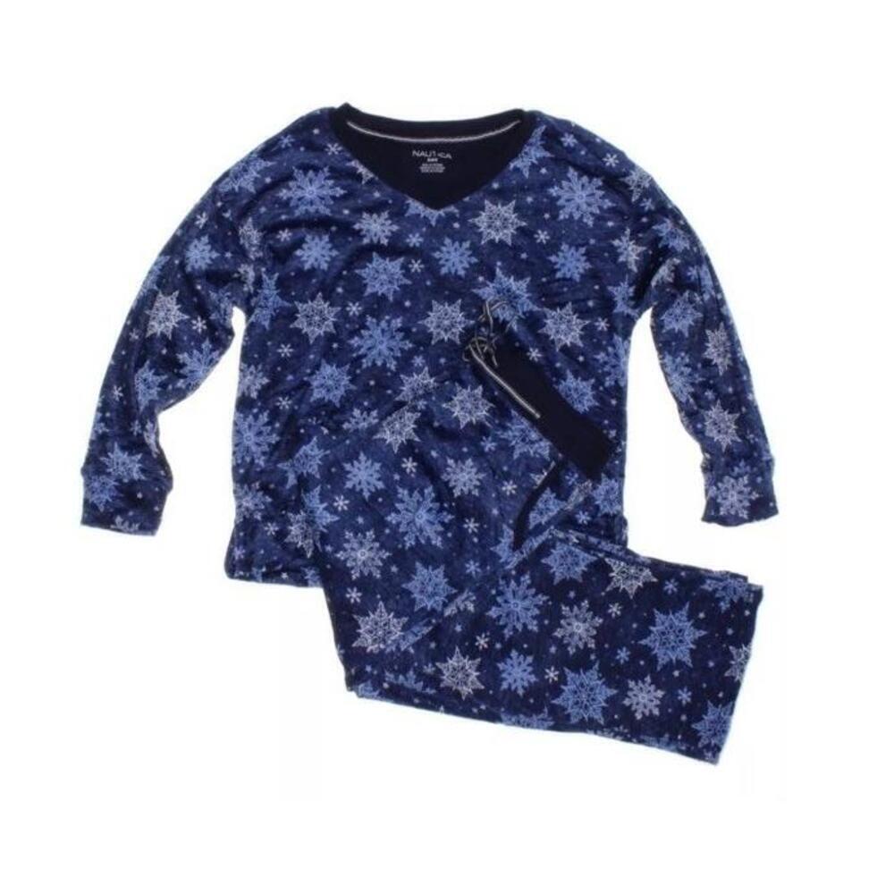 Nautica Women's 2pc Silky Fleece Sleepwear Set - Blue Snowflakes - Size S D2